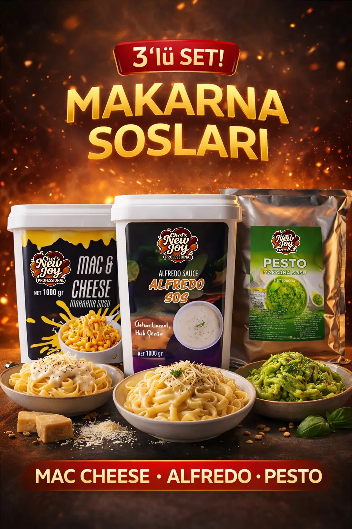 3’lü Gurme Makarna Sosu Seti - Mac Cheese + Alfredo + Pesto (3 x 1000g)