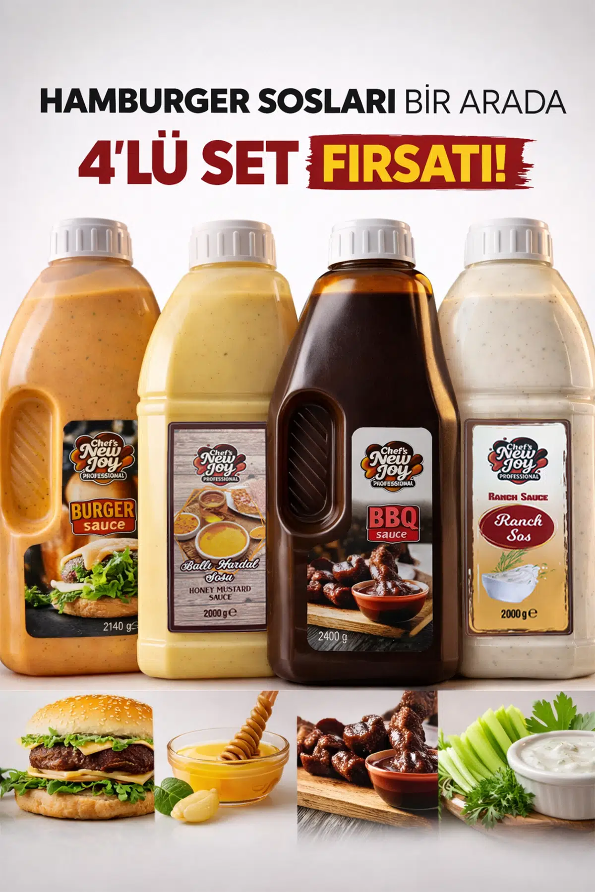 4'lü Gurme Hamburger Sos Seti Ranch-Barbekü-Ballı Hardal-Burger Sos Fast Food Efsane Paket