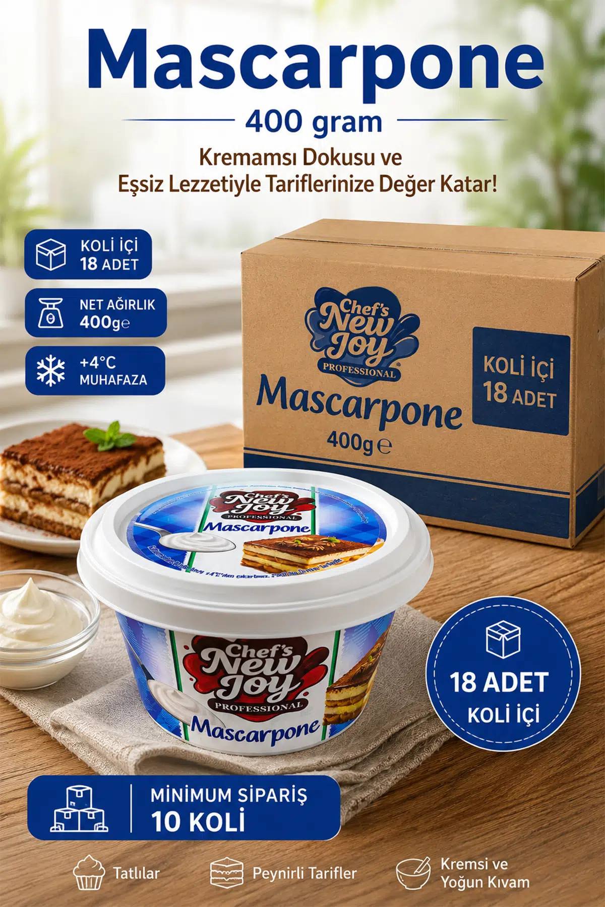 Chef's New Joy Mascarpone 400 gr x 18 Adet (1 Koli) - Toptan Satış (Soğuk Zincir Teslimat)