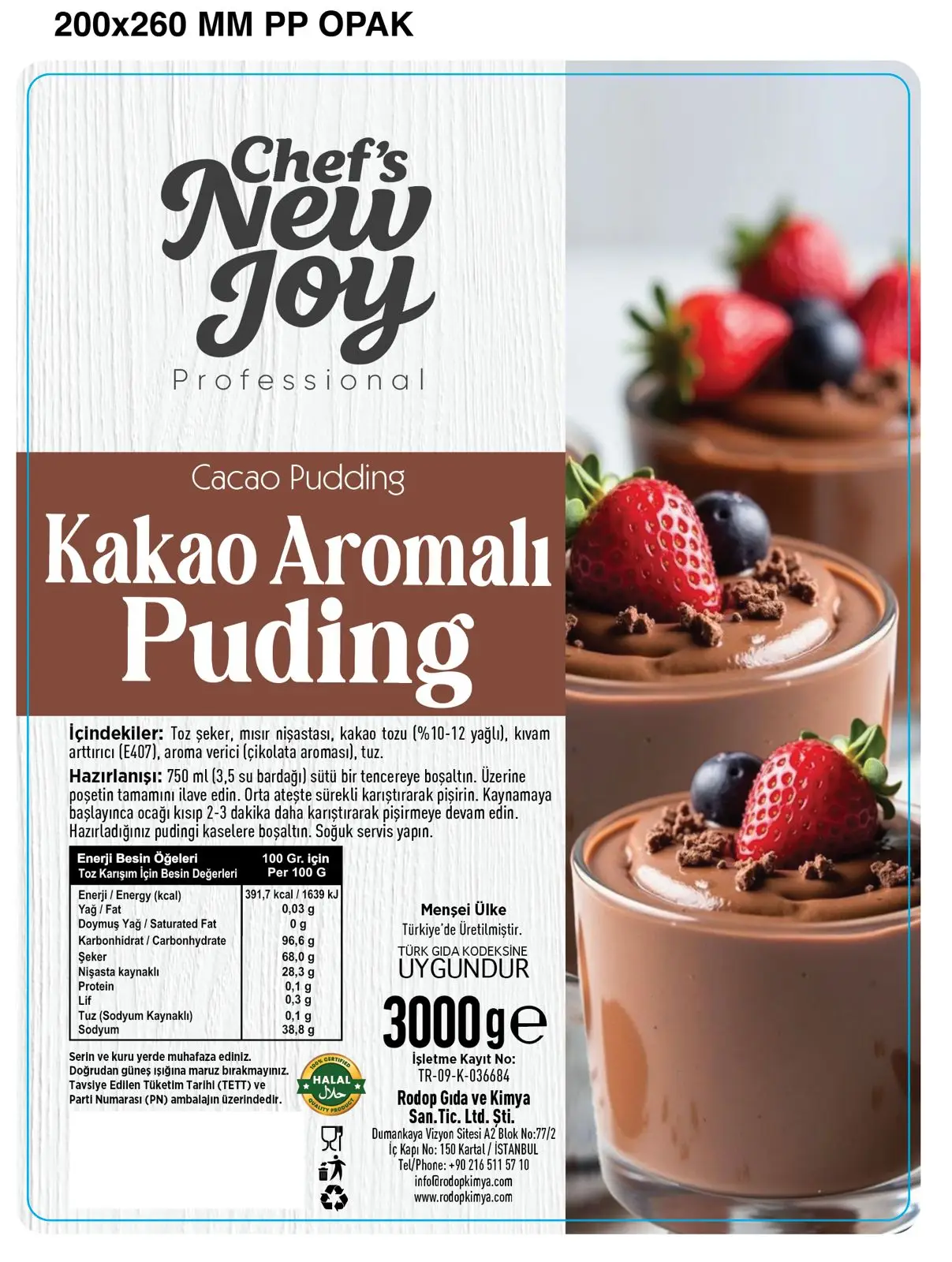 Kakao Aromalı Puding 3000 gr Cacao Pudding