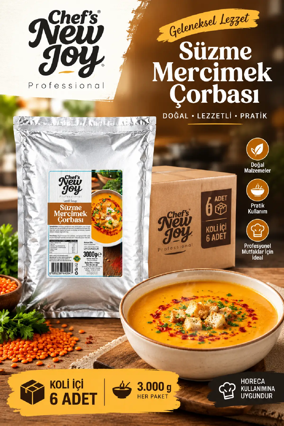 Süzme Mercimek Çorbası 3000 G X 6 Adet - 1 Koli Ekonomik Paket (Koli Bazlı Toptan)