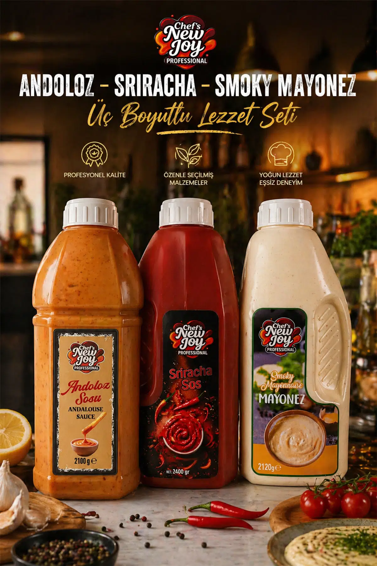 Üç Boyutlu Lezzet Seti - Andoloz + Sriracha + Smoky Mayonez Gurme Sos Seti 3lü